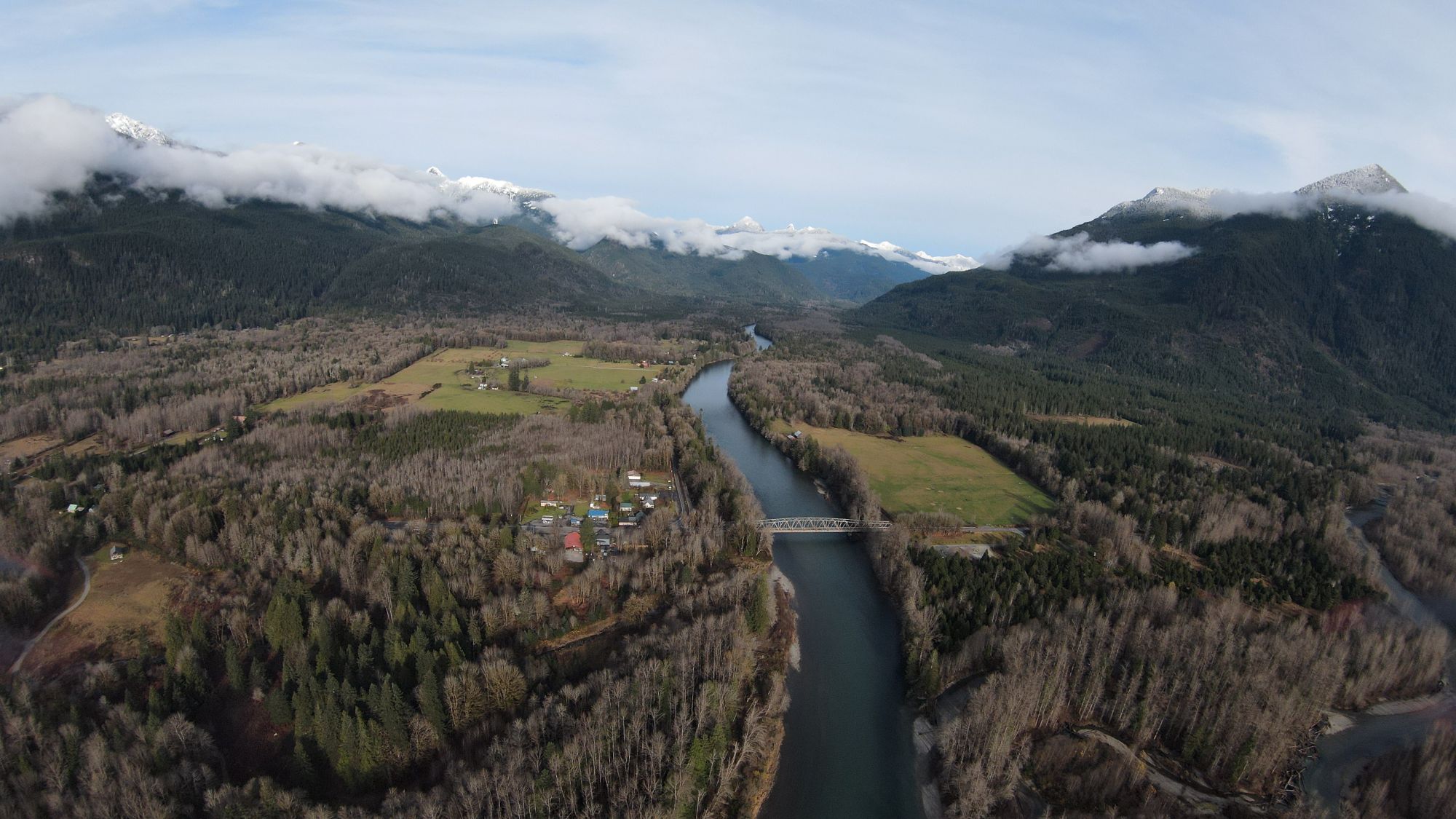 Marblemount from the air, including Cascade River Road Bridge