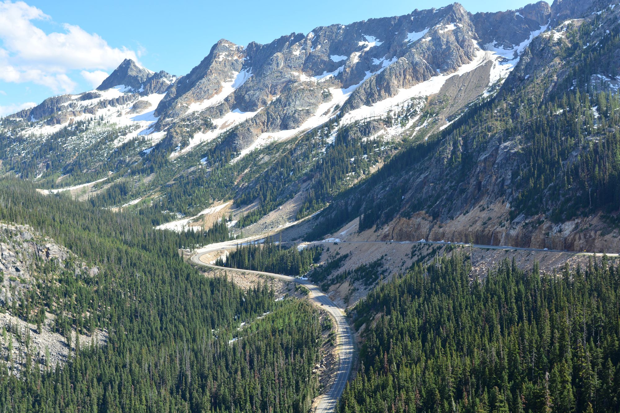 North Cascades Highway viewed from Washington Pass Overlook in early summer