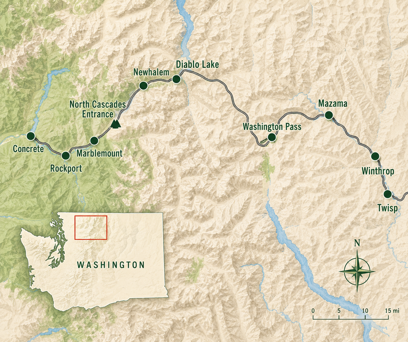 Map of towns along the SR-20 North Cascades Corridor