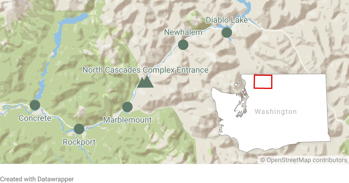 Map of towns in comparison to North Cascades Park Complex